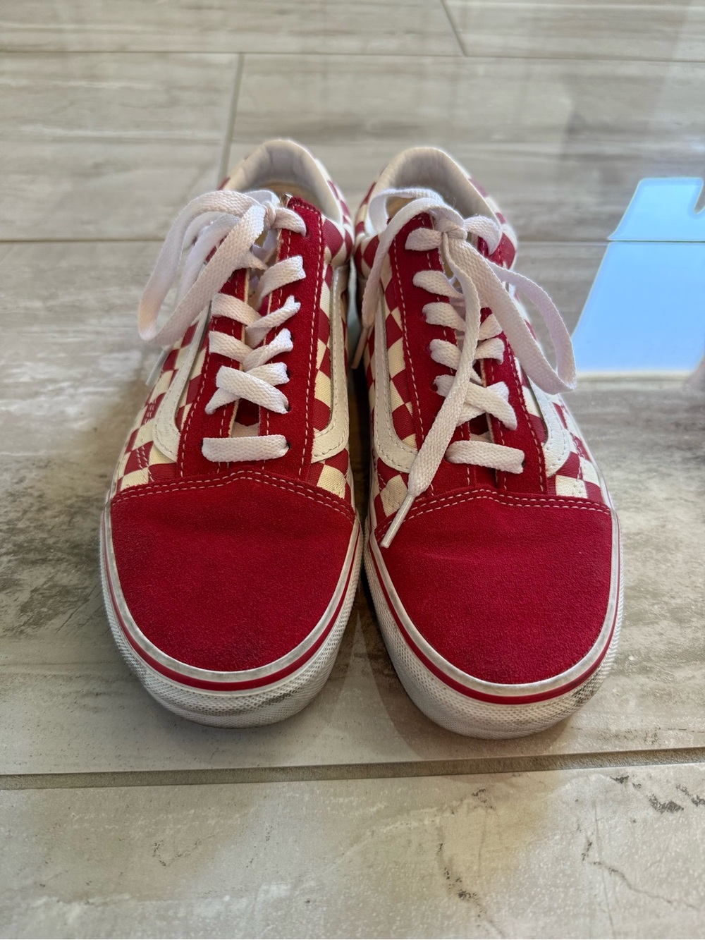 Woman’s  Red Checkerboard Vans Lace-Up Skate Sneakers